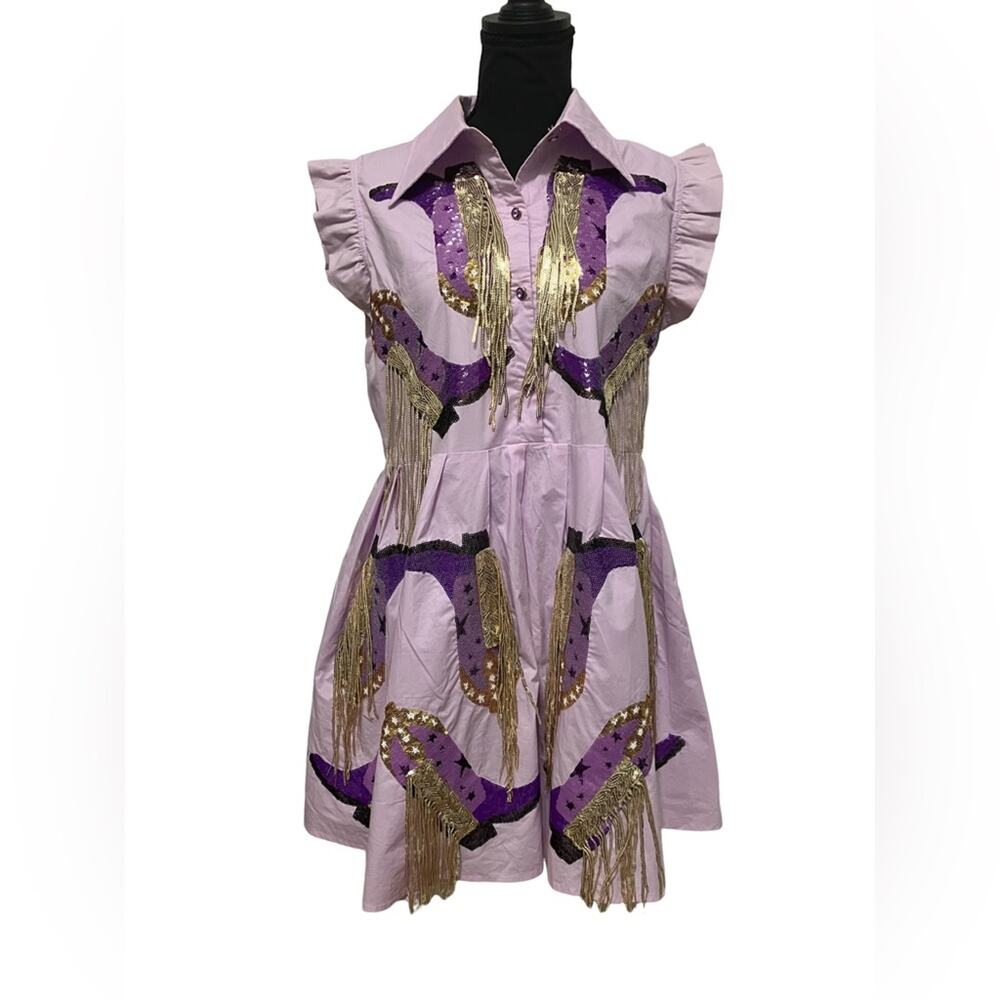 QUEEN OF SPARKLES Purple and Gold Fringe Mini Dress